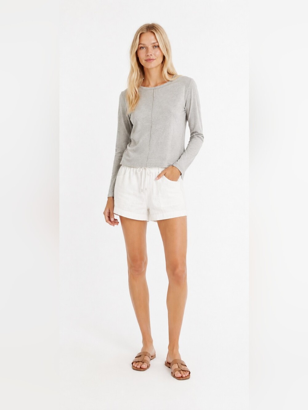 Yarn & Sea Size S Crewneck Long Sleeve Top in Light Gray